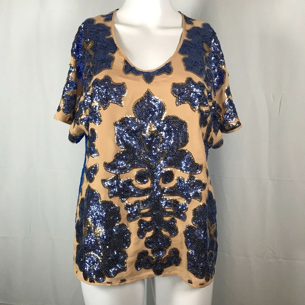 Tracy Reese New York Shirt Womens Sz S Nude Beige Blue‎ Sequin Short Sleeve